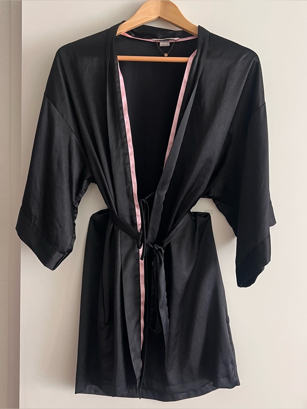 Victoria's Secret Black Satin Kimono Robe with Pink Trim